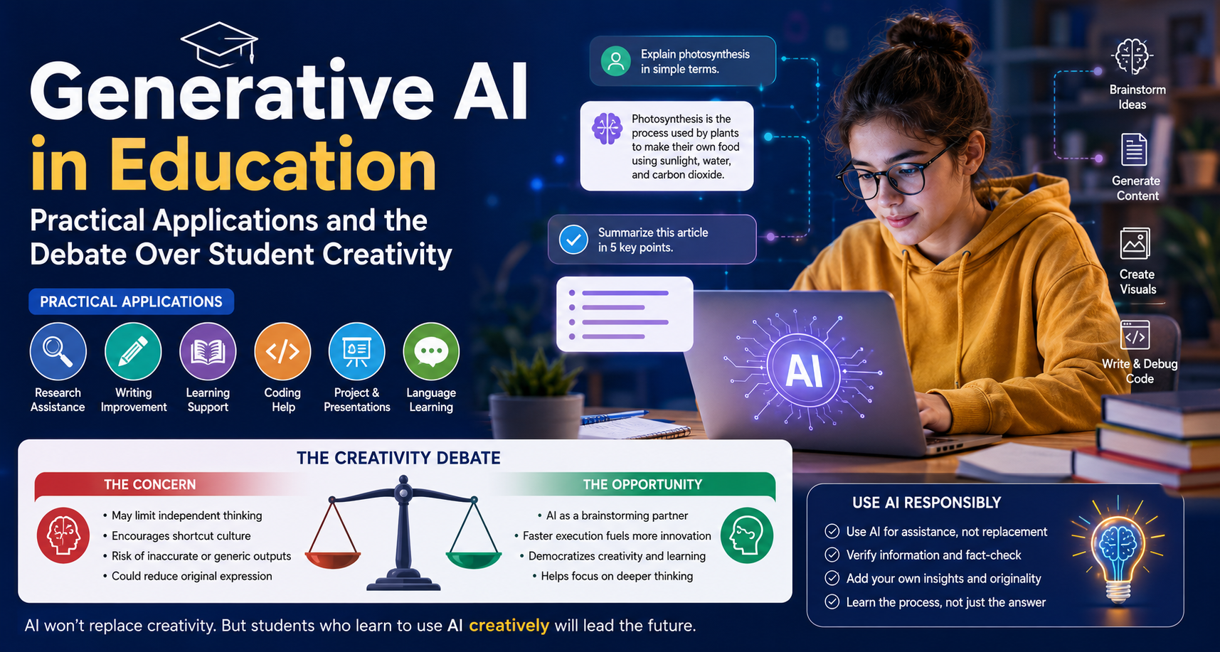 Student using Generative AI tools for research, writing, coding, and learning while illustrating the debate between AI-assisted education and student creativity.